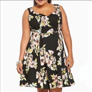 TORRID Floral Print Ponte‎ Pleated Skater Dress